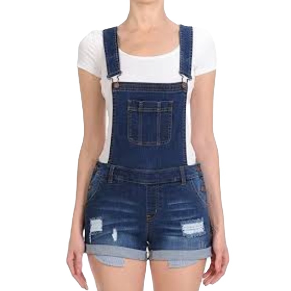 Wax Jean Denim Bib Overall Shorts Romper Dark Wash Distressed Western Sz Small